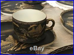 10Antique Japanese Eggshell Porcelain Tea/Snack Set-BLACK, MATE-HAND PAINTED-GOLD
