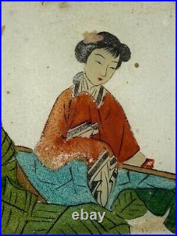 12 Rare 19thC Japanese Hand Painted Sections of Glass GEISHA Blossom Kimono ART