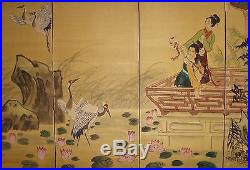 18th Century Signed Japanese Kano School Hand-Painted 4 Panel Folding Screen