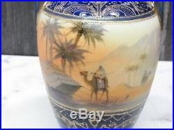 1920s Noritake Hand Painted Vase Man on Camel Polychrome Rider Desert Cobalt