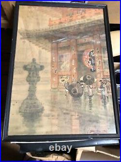 1930s Yokouchi Ginnosuke Water Color Painting Not woodblock Temple In Rain