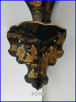 2 Antique Chinoiserie Japanese Lacquer Folding Corner Shelf Hand Painted Figures