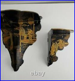 2 Antique Chinoiserie Japanese Lacquer Folding Corner Shelf Hand Painted Figures