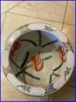 2 Antique Large Hand-painted Porcelain Fish Bowl Planter With Stand