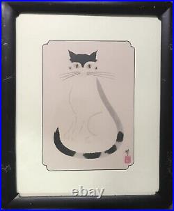 2 Japanese Cat Calligraphy Paintings Signed Akira-customed Framed