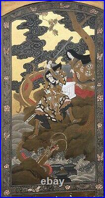 2 Original Antique Japanese School Samurai Figures Dragon Embellished Paintings