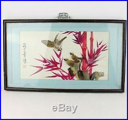 3 D picture Mother baby bird chick Japanese Chinese Oriental Feathers Vtg Framed
