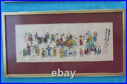 3 Signed Japanese Procession Pictures Hand Painted on Parchment Framed