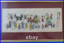 3 Signed Japanese Procession Pictures Hand Painted on Parchment Framed