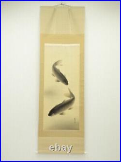 6776577 Japanese Hanging Scroll / Hand Painted / Swimming Carps