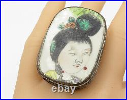 925 Silver Antique Japanese Geisha Painting Large Royal Ring Sz 6 R4775