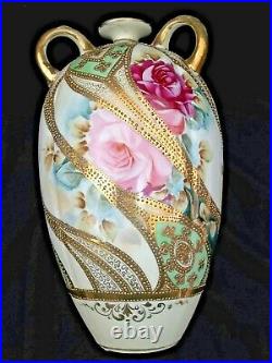 9 Nippon Hand Painted Pink & Burgundy Floral Vase / Jug 3 Handles Antique