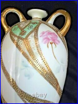 9 Nippon Hand Painted Pink & Burgundy Floral Vase / Jug 3 Handles Antique