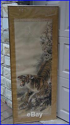 ANTIQUE 19c JAPANESE TIGER POLYCHROME INK SCROLL PAINTING, ARTIST SIGN AND SEAL