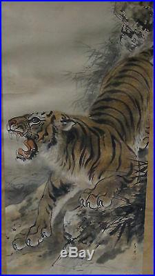ANTIQUE 19c JAPANESE TIGER POLYCHROME INK SCROLL PAINTING, ARTIST SIGN AND SEAL