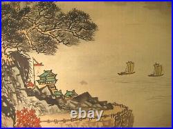 ANTIQUE CHINESE c. 1930 HAND PAINTED SCROLL MOUNTAIN SIDE SCENE