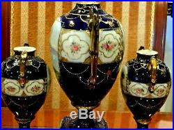 ANTIQUE JAPANESE 3 NIPPON HAND PAINTED COBALT BLUE withHEAVY GOLD PORCELAIN URNS