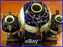 ANTIQUE JAPANESE 3 NIPPON HAND PAINTED COBALT BLUE withHEAVY GOLD PORCELAIN URNS