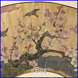ANTIQUE JAPANESE FAN PAINTING, HAND PAINTED, MOUNTED, FRAMED, PLUM BLOSSUM c1800