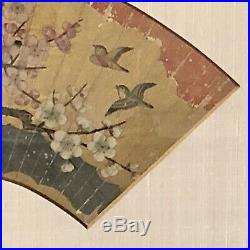 ANTIQUE JAPANESE FAN PAINTING, HAND PAINTED, MOUNTED, FRAMED, PLUM BLOSSUM c1800