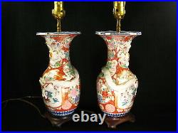 ANTIQUE JAPANESE MEIJI HAND PAINTED CERAMIC IMARI LAMP w CHINESE STYLE DRAGON