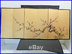 ANTIQUE JAPANESE WATERCOLOR AND PAINTED 4-PANEL SCREEN withCHERRY BLOSSOMS BRANCH
