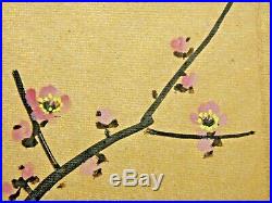 ANTIQUE JAPANESE WATERCOLOR AND PAINTED 4-PANEL SCREEN withCHERRY BLOSSOMS BRANCH