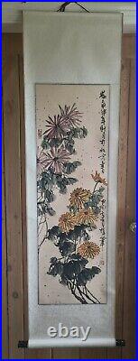 A Lovely Vintage Japanese Ink Scroll Painting. Depicting Crysanthamum
