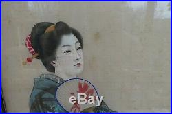 A Pair of Antique Japanese Silk Paintings of Geishas