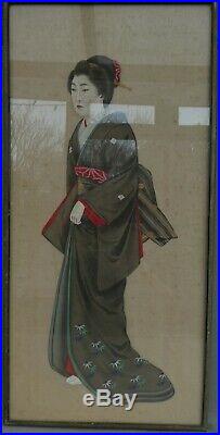 A Pair of Antique Japanese Silk Paintings of Geishas