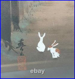 A Stunning Meiji Period Signed Ink Painting Two Rabbits In A Tree Lined Grove