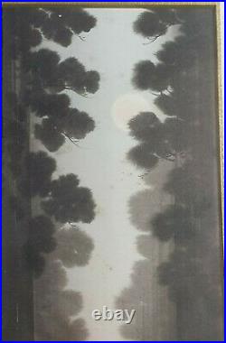 A Stunning Meiji Period Signed Ink Painting Two Rabbits In A Tree Lined Grove