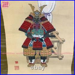 A samurai wearing a helmet with a flag raised Japanese hanging scroll vintage #6