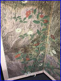 Amazing 18th Century Japanese 6 Panel Screen Painting Willow Tree Red Carnelians