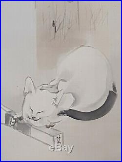 An Exquisite Meiji Period Sumi Ink Scroll Painting of a Cat. Signed Kenzan