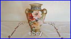 Antique 1911 Japanese Nippon 10 Tall Hand-Painted Gold & Floral Vase