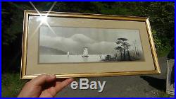 Antique 19c Japanese Watercolor Painting On Paper Landscape With Fuji Mountain