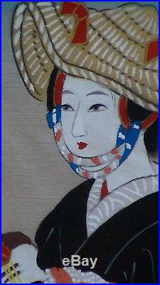 Antique 19c Japanese Watercolor Painting On Silkwoman In Kimonoframed W. Glass