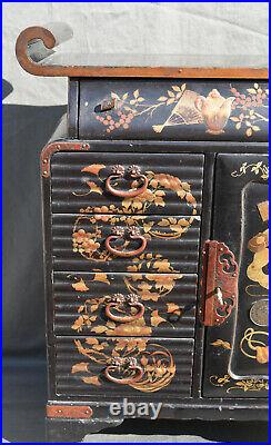 Antique 19thC Meiji Japanese Lacquered Hand Painted Cabinet with key