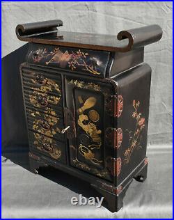 Antique 19thC Meiji Japanese Lacquered Hand Painted Cabinet with key
