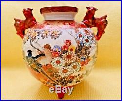 Antique 19th Japanese Kutani Meiji Period Porcelain Koro, Hand-Painted, Signed