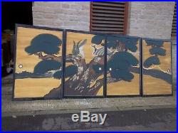 Antique 4 Panel Japanese Wood Room Divider, Screen, Painted Eagle Artist Signed