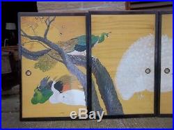 Antique 4 Panel Japanese Wood Room Divider, Screen, Painted Eagle Artist Signed