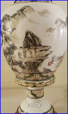 Antique Beautiful Japanese Hand Painted Signed Porcelain Vase Urn Table Lamp