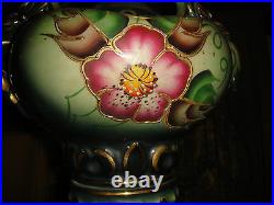 Antique Chinese Japanese Table Lamp Painted Flowers Signed Kay Fish Base Gold