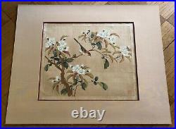 Antique Chinese /japanese Sparrow & Tree Watercolor Painting On Silk. Sealed