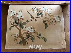 Antique Chinese /japanese Sparrow & Tree Watercolor Painting On Silk. Sealed