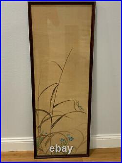 Antique Chinese or Japanese Signed Painting on Silk Praying Mantis Flowers Dec