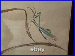 Antique Chinese or Japanese Signed Painting on Silk Praying Mantis Flowers Dec