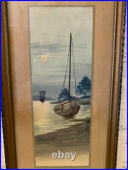 Antique Early 20th Century Japanese Watercolor Painting Boats on Water at Night